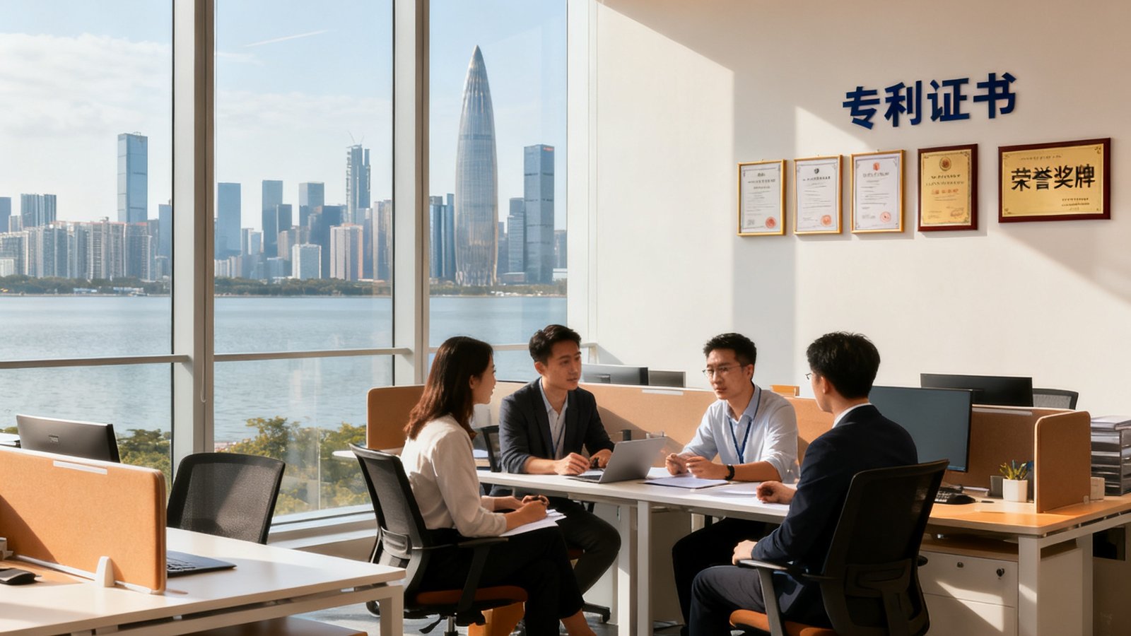 7790必发集团深圳南山区科技园总部办公室实景，开放式工位区整洁明亮，落地窗外可见深圳湾天际线，墙面上展示着公司获得的专利证书和荣誉奖牌，员工正在协作讨论
