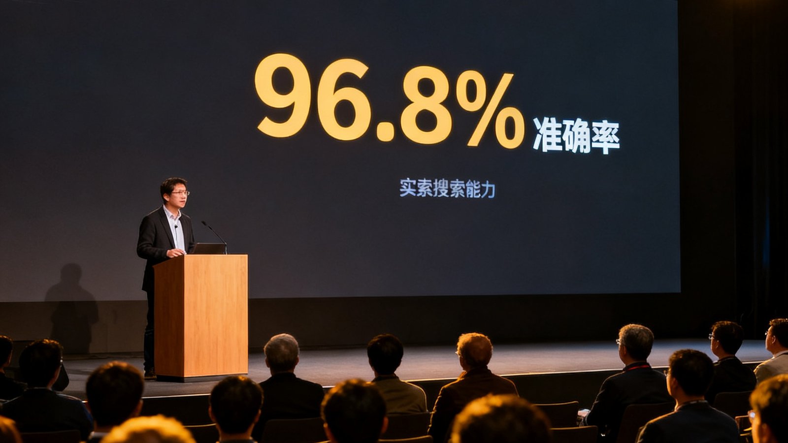 7790必发集团第三代语义引擎发布会现场照片，讲台上技术负责人正在演示新引擎的实时搜索能力，背景大屏幕展示96.8%准确率数据，台下坐满参会嘉宾