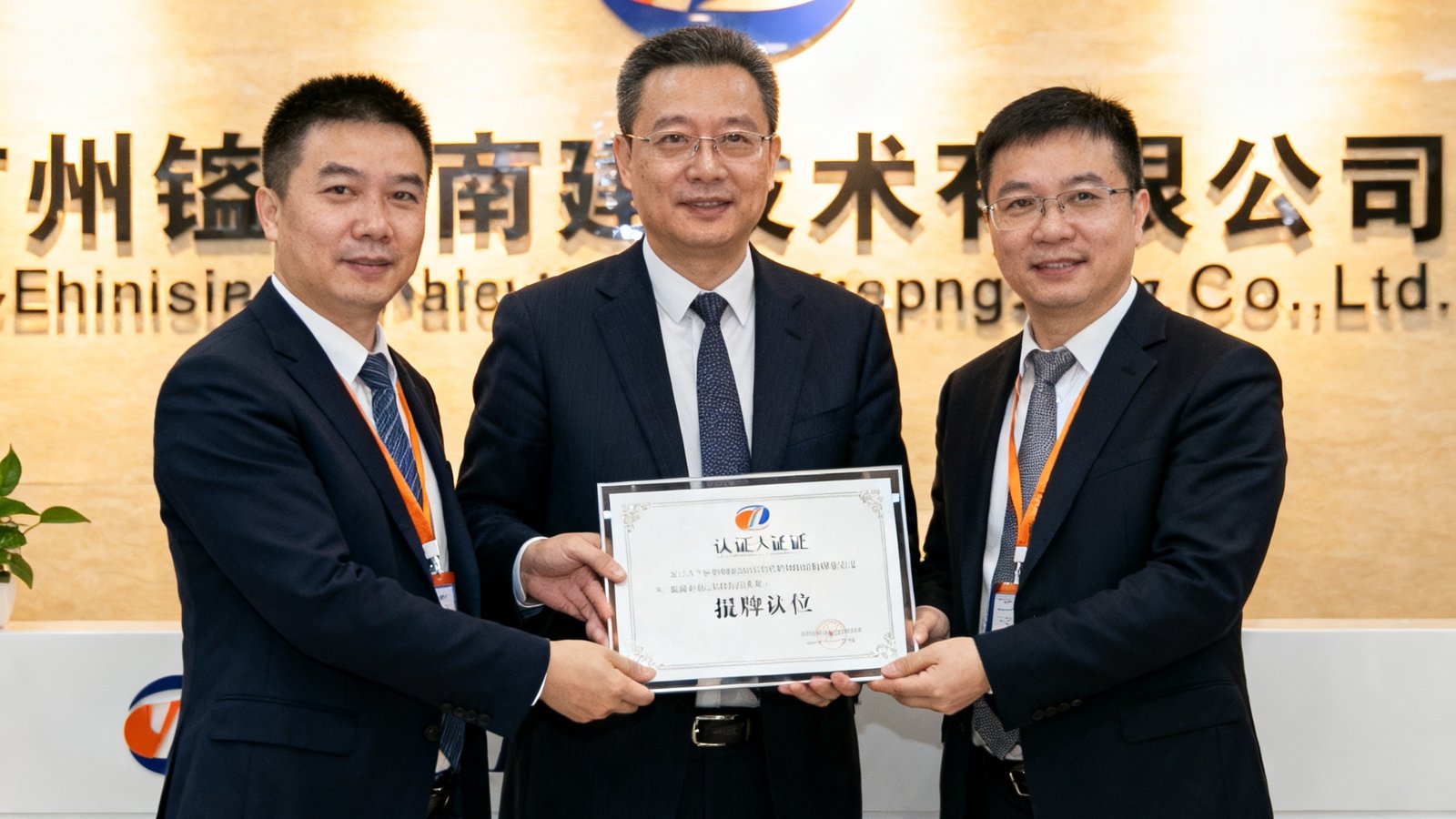 7790必发集团获得ISO27001信息安全管理体系认证的授牌仪式现场，公司CEO从认证机构代表手中接过证书，背景为公司logo墙
