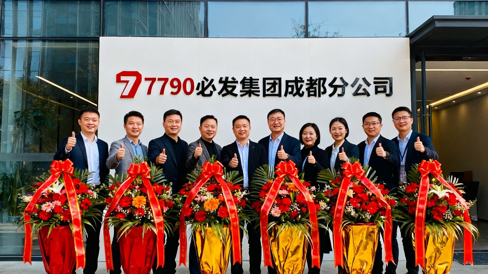 7790必发集团成都分公司开业庆典照片，新办公室位于成都高新区，门口摆放着庆祝花篮，员工们在logo墙前合影留念