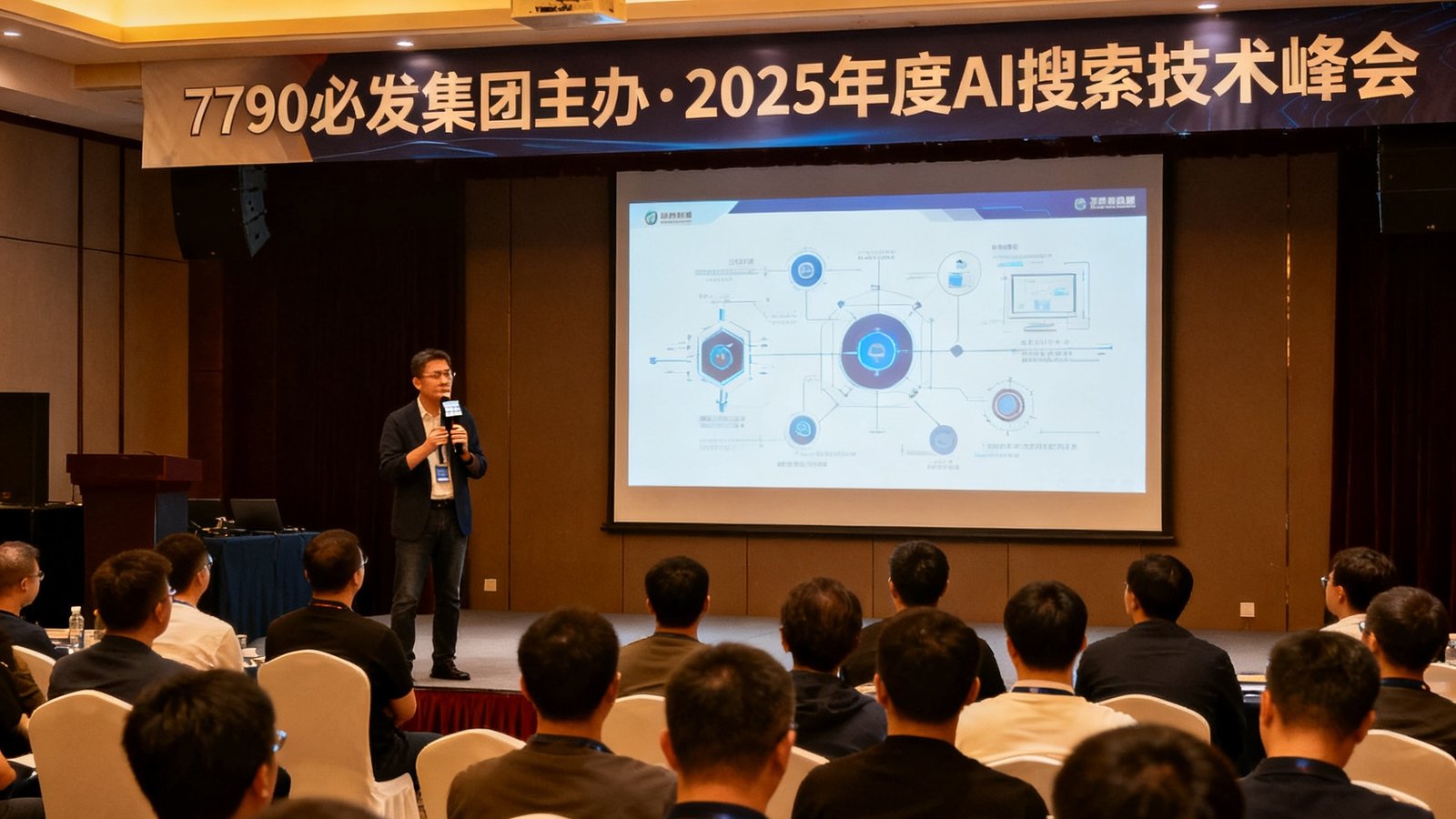 7790必发集团主办的2025年度AI搜索技术峰会现场，数百名参会者聆听行业专家分享，舞台上方悬挂活动横幅，气氛热烈